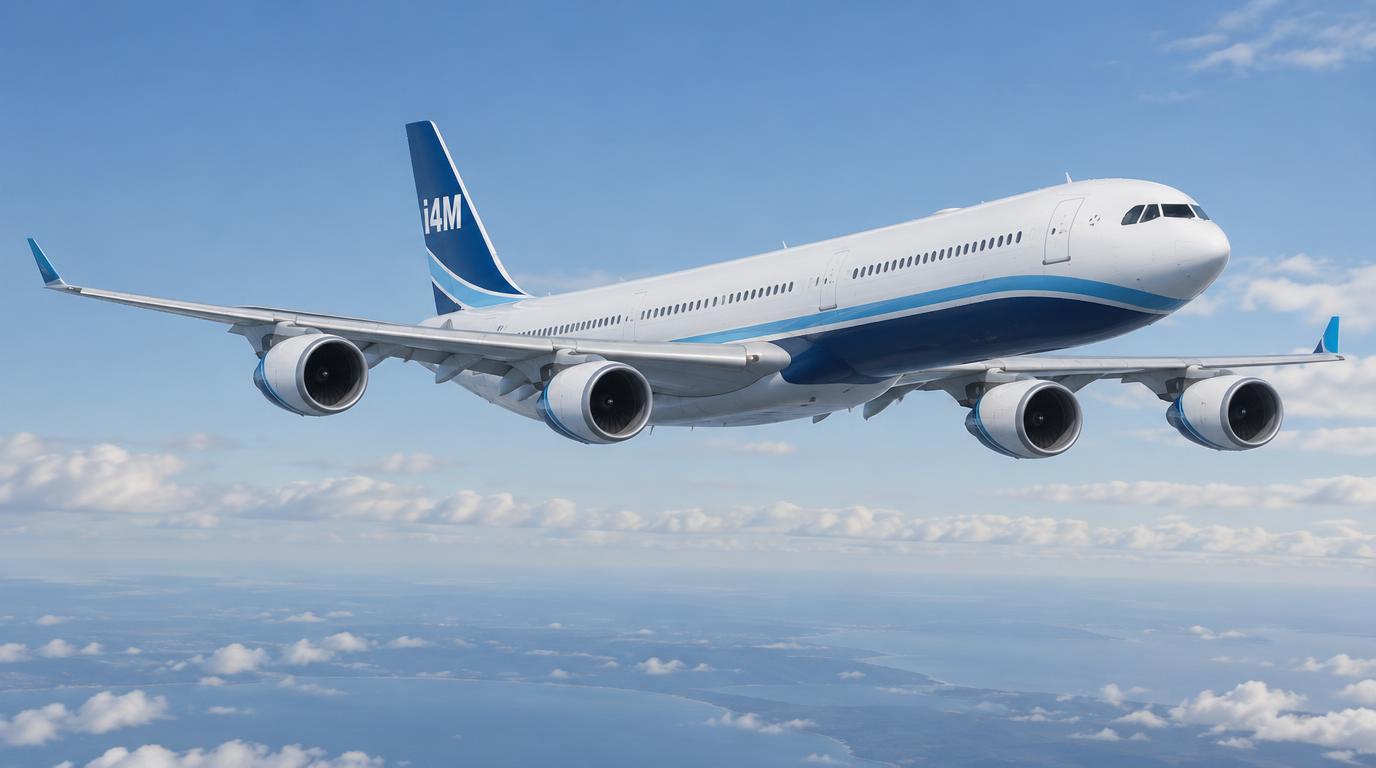 Illustration d’un Airbus A340-600 quadriréacteur en vol, vue de trois quarts, livrée fictive i4M blanche à bandes bleu marine et bleu ciel, « i4M » sur la dérive